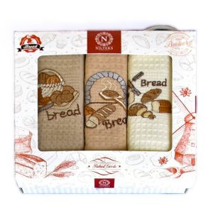 Utěrky MERLIN 91 vaflové vyšívané, dárkové balení, pečivo, béžová, 3 kusy 50x70cm