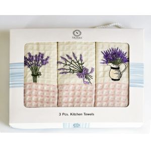 Utěrky MERLIN 93 vaflové vyšívané, dárkové balení, levandule, fialovo-světle růžová, 3 kusy 50x70cm
