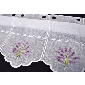 Vitrážová záclona polyesterový batist 56491, vyšívaná fialová levandule, bílá (více výšek, v metráži)