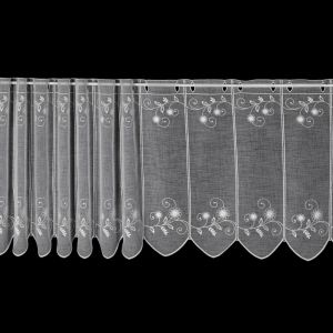 Vitrážová záclona, polyesterový batist V593 vyšívané květy, s bordurou, bílá (více výšek, v metráži)