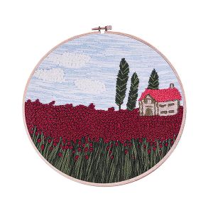 Vyšívací sada s předtištěným motivem 380731/2, vlčí máky s krajinou (rámeček, předtisk, jehly a příze), průměr 26,5cm