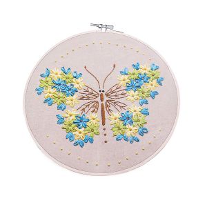 Vyšívací sada s předtištěným motivem 380731/6, květinový motýl (rámeček, předtisk, jehly a příze), průměr 26,5cm