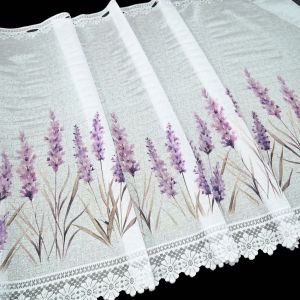 Žakárová vitrážová záclona LEVANDULE TISK, levandule fialová, bílá, s bordurou (více výšek, v metráži)