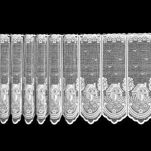 Žakárová vitrážová záclona DOMEČKY DD695, bílá (více výšek, v metráži)